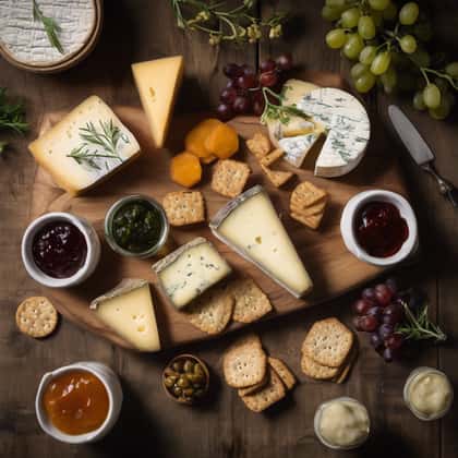 Sharing cheese board with assorted cheeses, crackers, grapes and chutneys