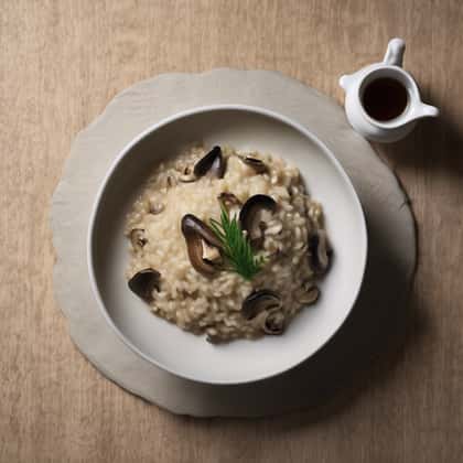 Creamy mushroom risotto garnished with rosemary