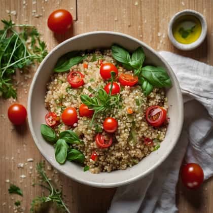 Quinoa salad with cherry tomatoes and fresh basil