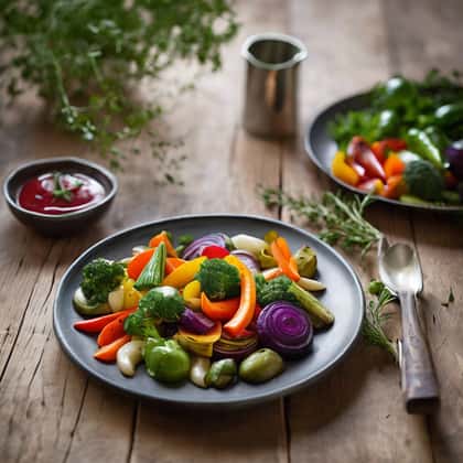 Plate of colourful roasted and grilled seasonal vegetables
