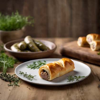 Golden flaky sausage roll with fresh herbs