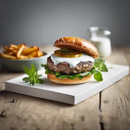 Juicy burger with sauce on a brioche bun with chips