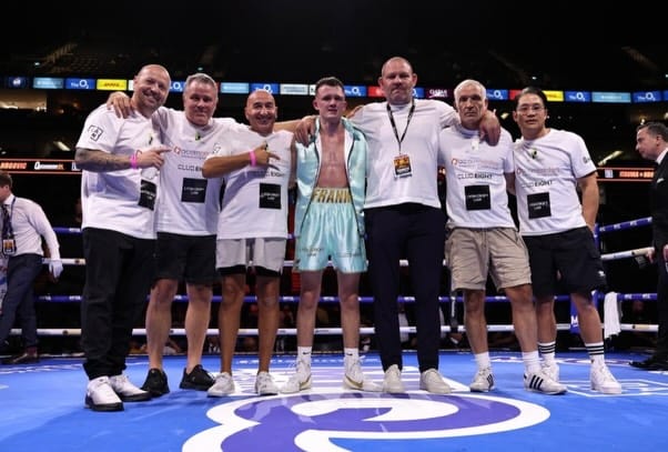 Frankie Wood and his corner team celebrating the TKO win over Callum Lee