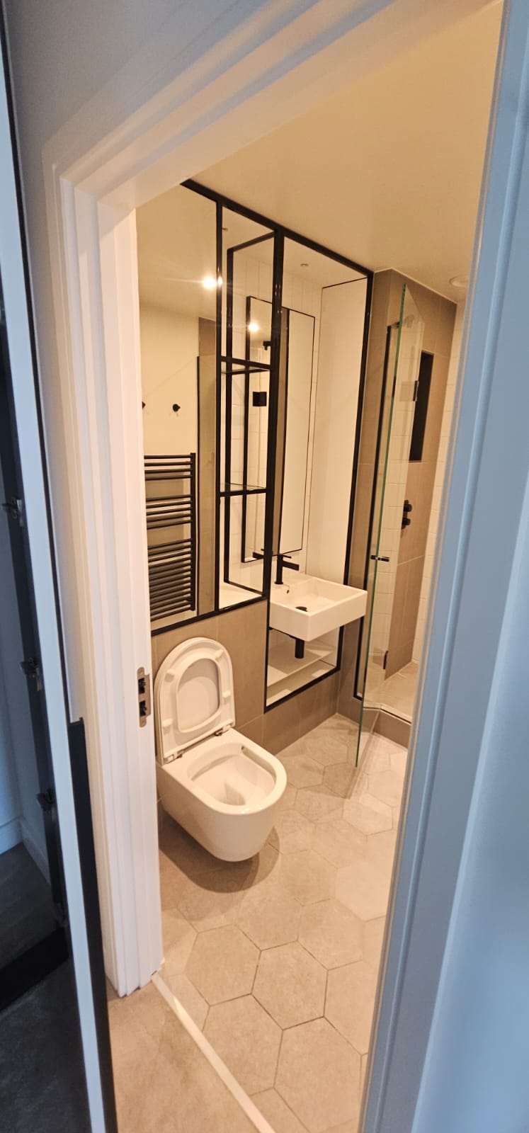 Clean modern bathroom viewed through a doorway with toilet, basin and shower