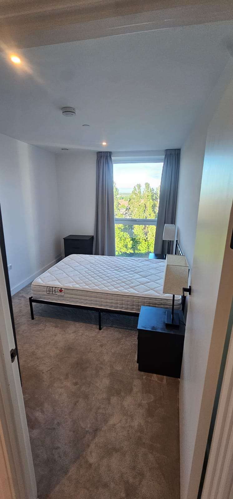 Empty bedroom with bare mattress and a green view through the window