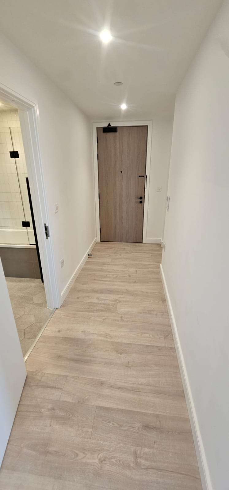 Clean empty hallway with wood-effect flooring leading to the front door