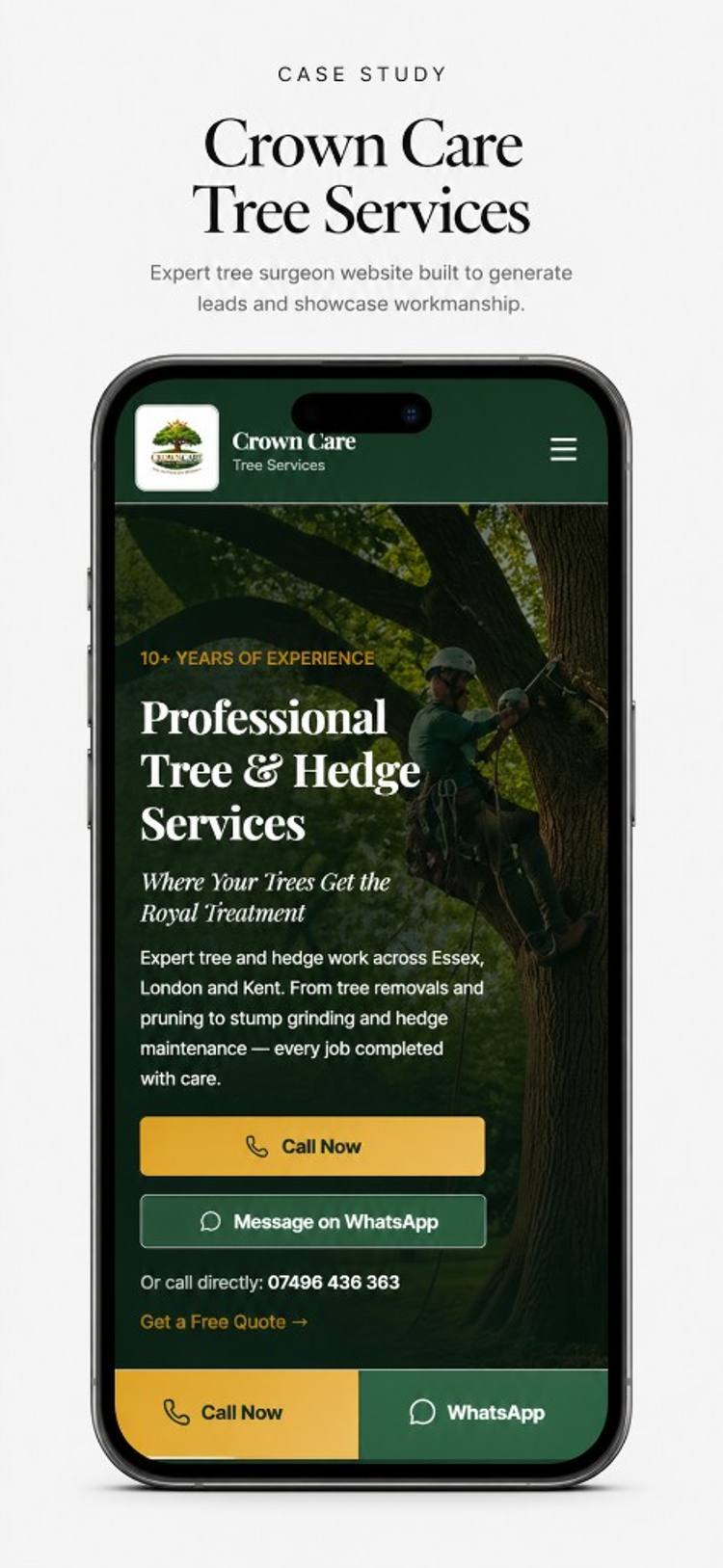 Crown Care Tree Services at crowncaretreeservices.com: professional tree and hedge presence across Essex, London and Kent on desktop; call and WhatsApp CTAs within reach on mobile (mobile)