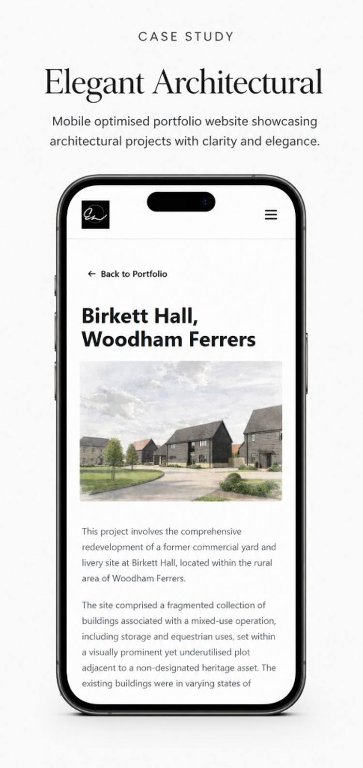 Elegant Architectural at elegantarchitectural.com: category-filterable portfolio index on desktop and individual project storytelling (here Birkett Hall, Woodham Ferrers) on mobile (mobile)