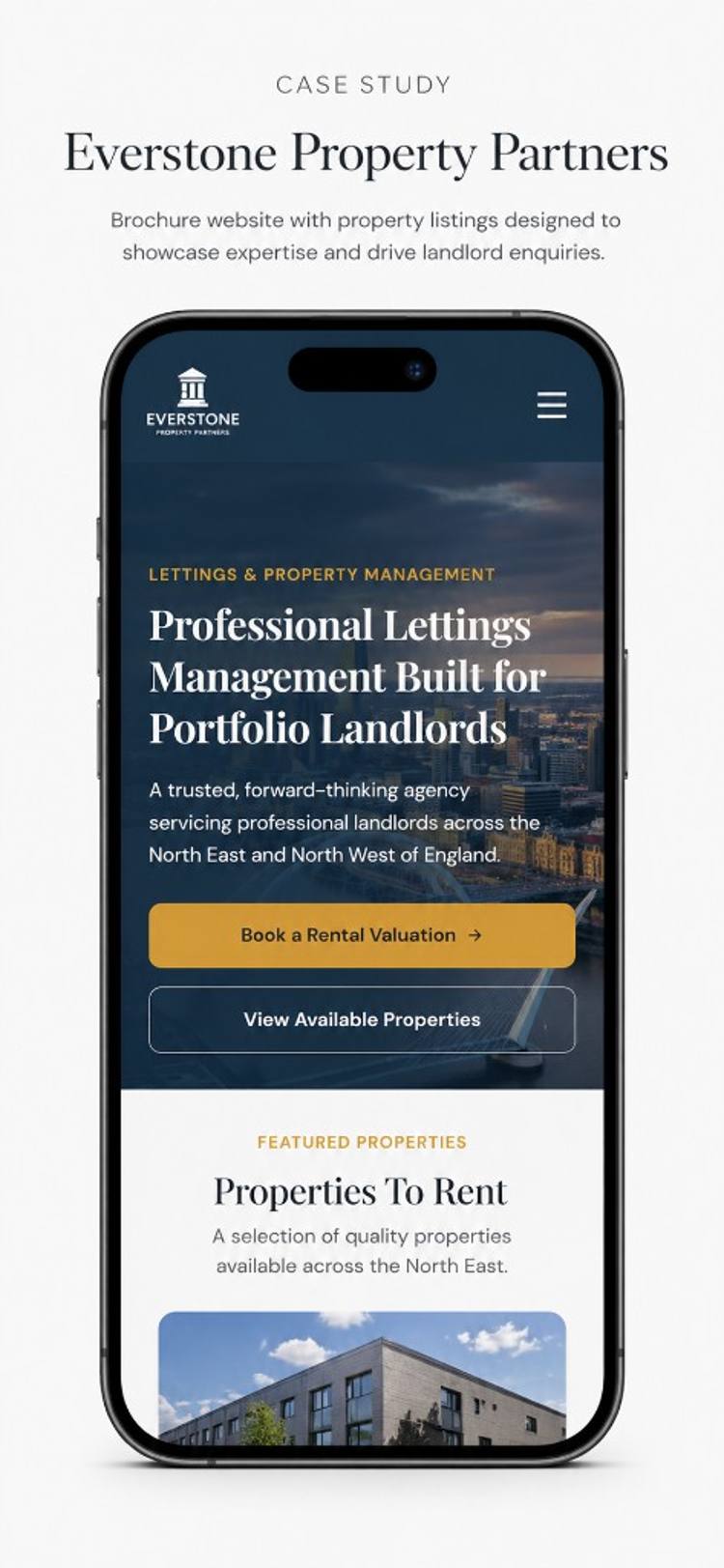 Everstone Property Partners: landlord-focused homepage on desktop and mobile, with valuation CTAs and a clear route for tenants (mobile)