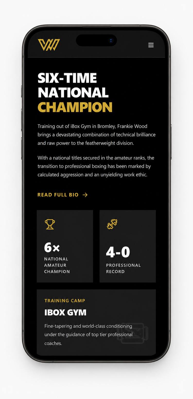 Wood Boxing at woodboxing.com: dark homepage with championship gold accent, career highlights bar, and fight-ready design for a 4–0 unbeaten featherweight (mobile)