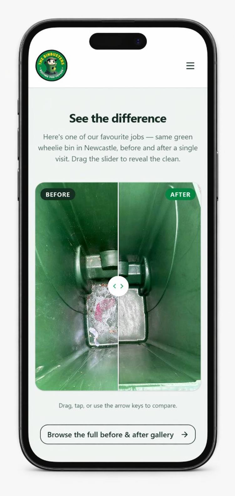 The BinBusters site at thebinbusters.co.uk: desktop homepage with transparent pricing and 75+ five-star reviews, plus the touch-friendly before/after slider on mobile (mobile)