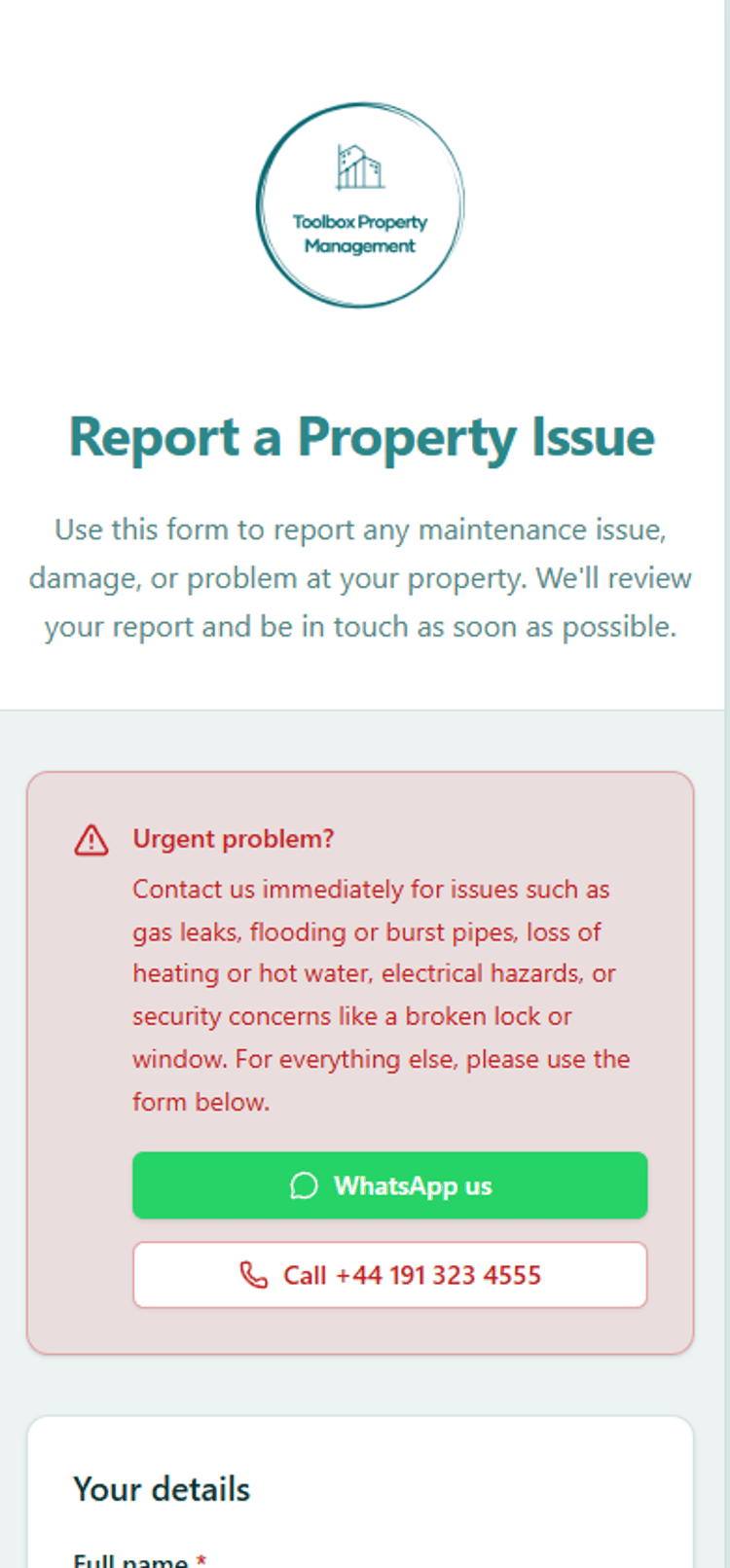 Toolbox Property Management: public-facing contact site on desktop and mobile, with landlord-focused messaging and every contact route visible above the fold (mobile)