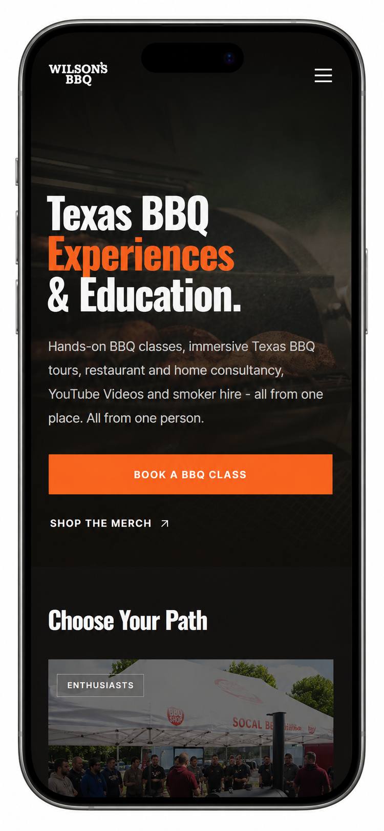 Wilsons BBQ at wilsonsbbq.co.uk: dark, high-contrast brand site with class-focused storytelling and venue photography (mobile)