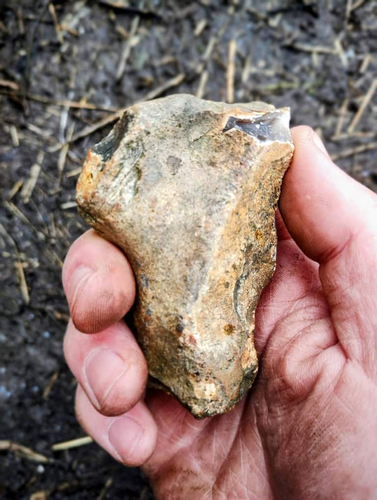 Hand holding a knapped flint flake