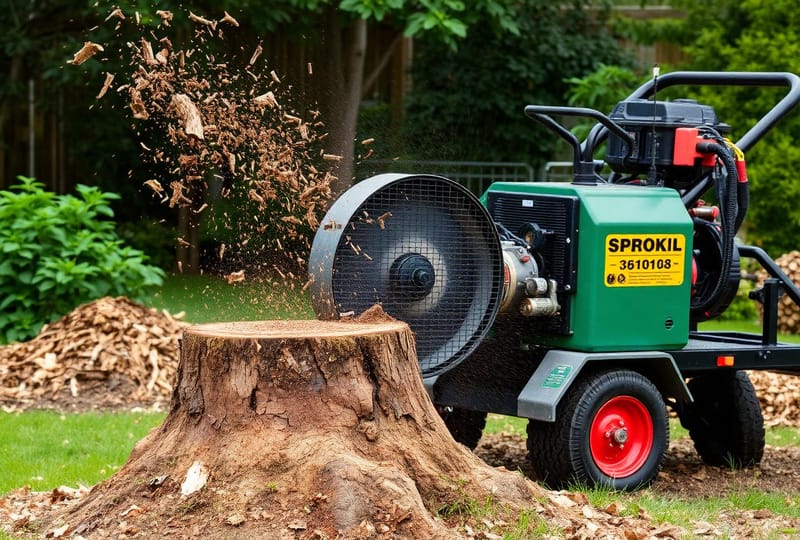Stump grinding machinery removing a tree stump
