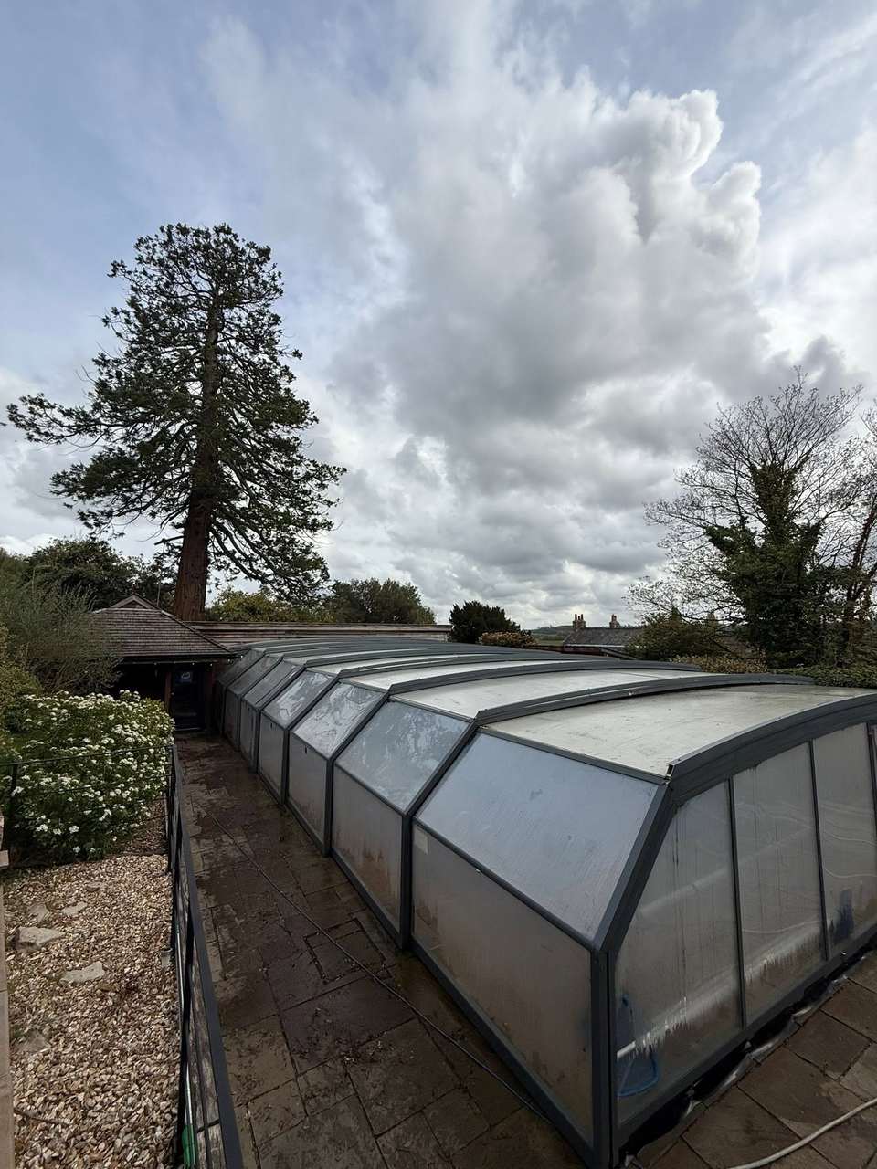 Long curved pool enclosure roof with green staining before cleaning