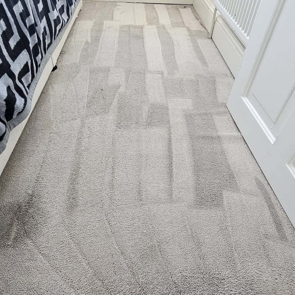 Freshly cleaned grey bedroom carpet showing neat extraction stripes.