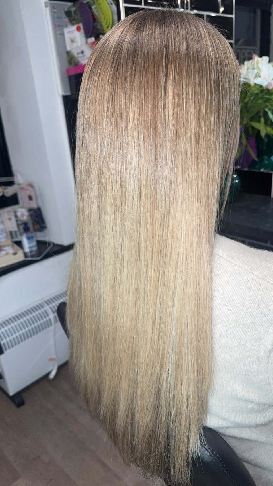 Long blonde balayage on poker-straight hair