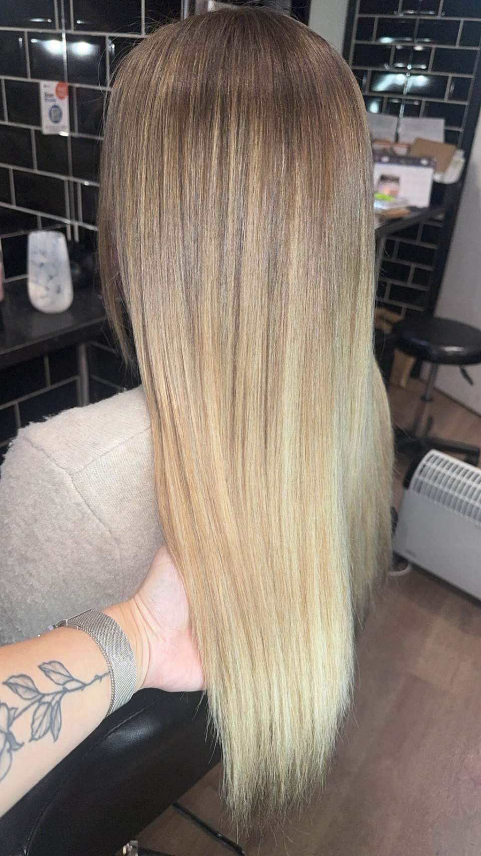 Long ombre balayage from mid-brown roots to blonde ends