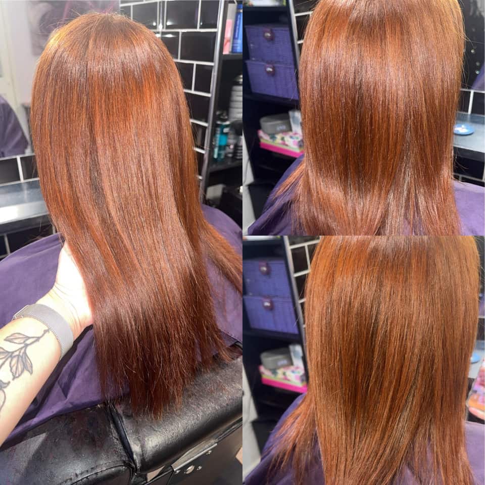 Three views of long auburn copper coloured hair