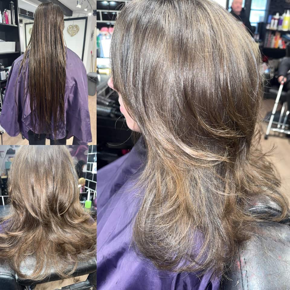 Before and after of a women’s layered haircut creating volume and movement