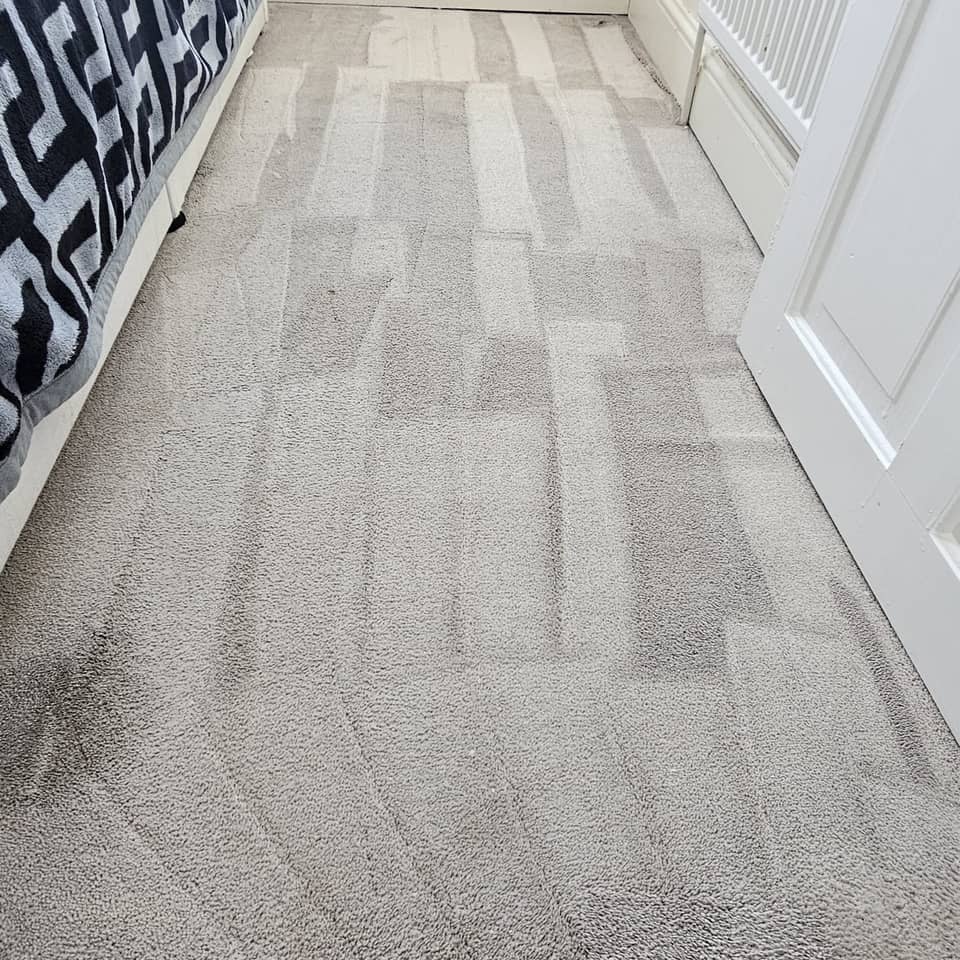 Freshly cleaned grey bedroom carpet showing neat extraction stripes.