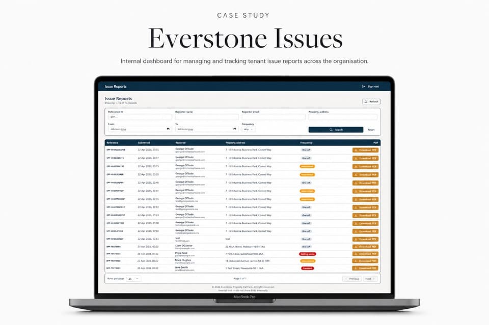 Everstone internal dashboard: every issue report searchable and filterable in one place (desktop)