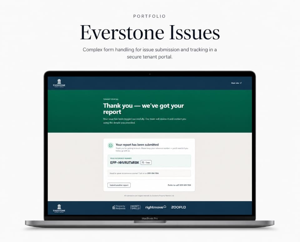 Everstone tenant portal: submission confirmed with unique reference number issued instantly (desktop)