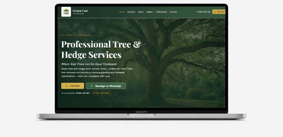 Crown Care Tree Services at crowncaretreeservices.com: professional tree and hedge presence across Essex, London and Kent on desktop; call and WhatsApp CTAs within reach on mobile (desktop)