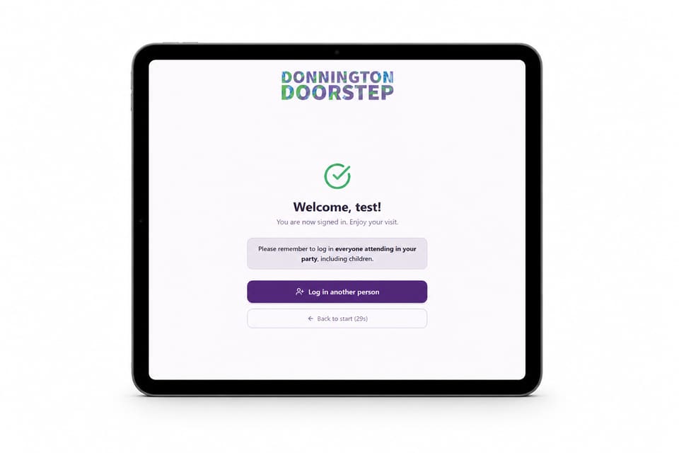 Donnington Doorstep: public check-in confirmation on the tablet interface, with a gentle reminder to register everyone in the party (desktop)