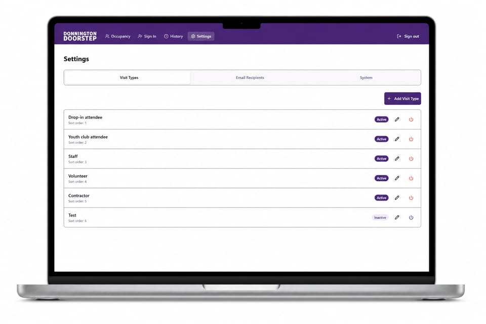 Donnington Doorstep: staff portal visit types and settings, keeping the categories on the tablet aligned with how the centre runs day to day (desktop)