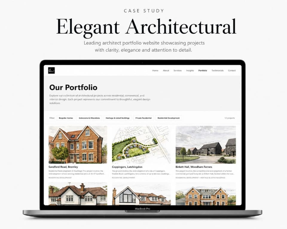 Elegant Architectural at elegantarchitectural.com: category-filterable portfolio index on desktop and individual project storytelling (here Birkett Hall, Woodham Ferrers) on mobile (desktop)