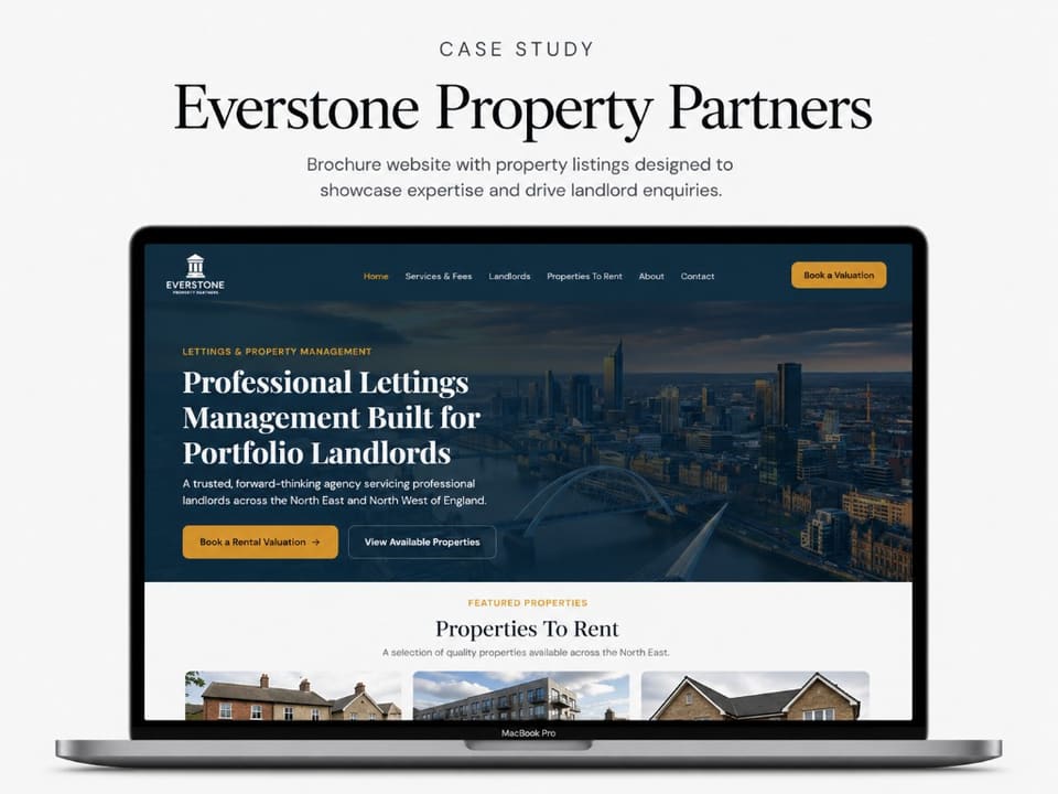 Everstone Property Partners: landlord-focused homepage on desktop and mobile, with valuation CTAs and a clear route for tenants (desktop)