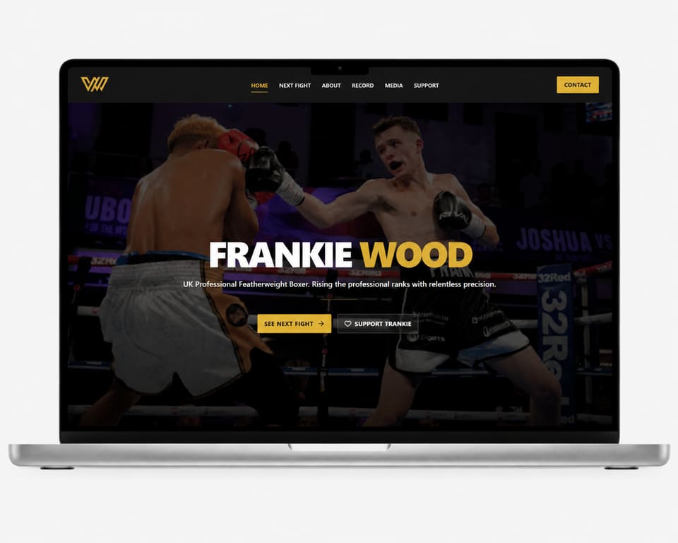 Wood Boxing at woodboxing.com: dark homepage with championship gold accent, career highlights bar, and fight-ready design for a 4–0 unbeaten featherweight (desktop)