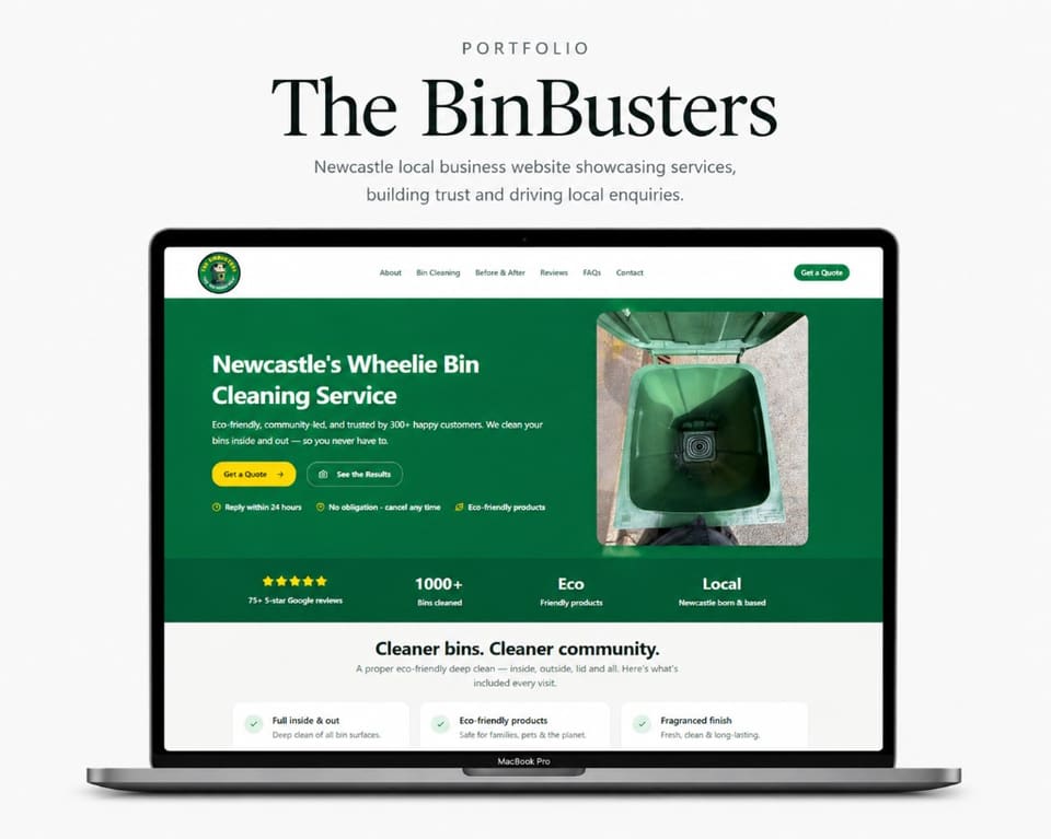 The BinBusters site at thebinbusters.co.uk: desktop homepage with transparent pricing and 75+ five-star reviews, plus the touch-friendly before/after slider on mobile (desktop)