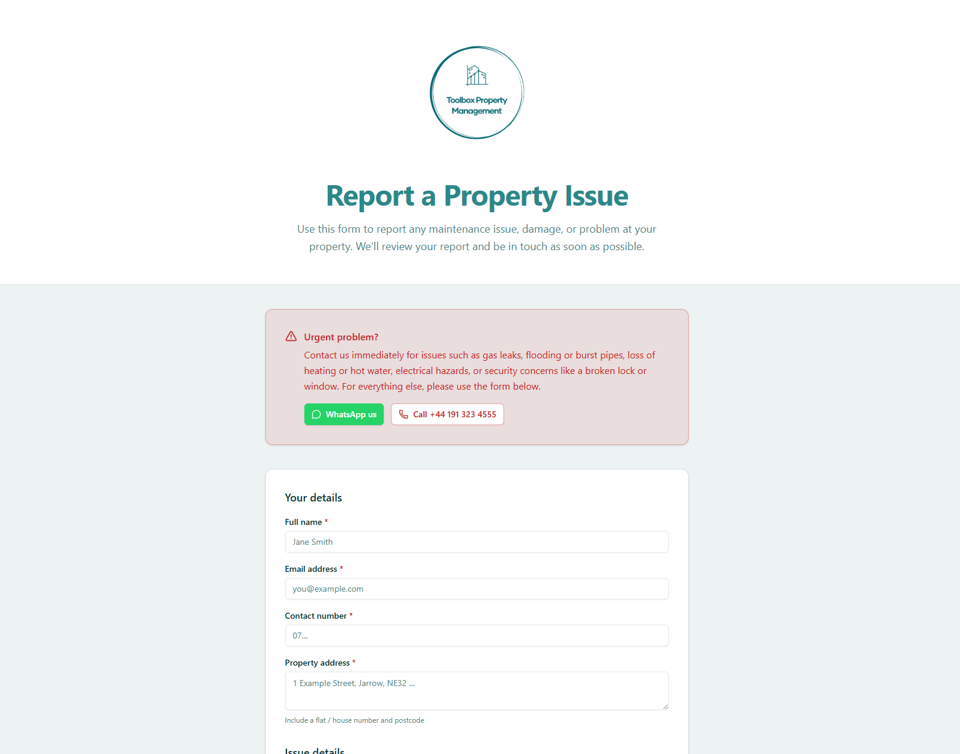 Toolbox Property Management: public-facing contact site on desktop and mobile, with landlord-focused messaging and every contact route visible above the fold (desktop)