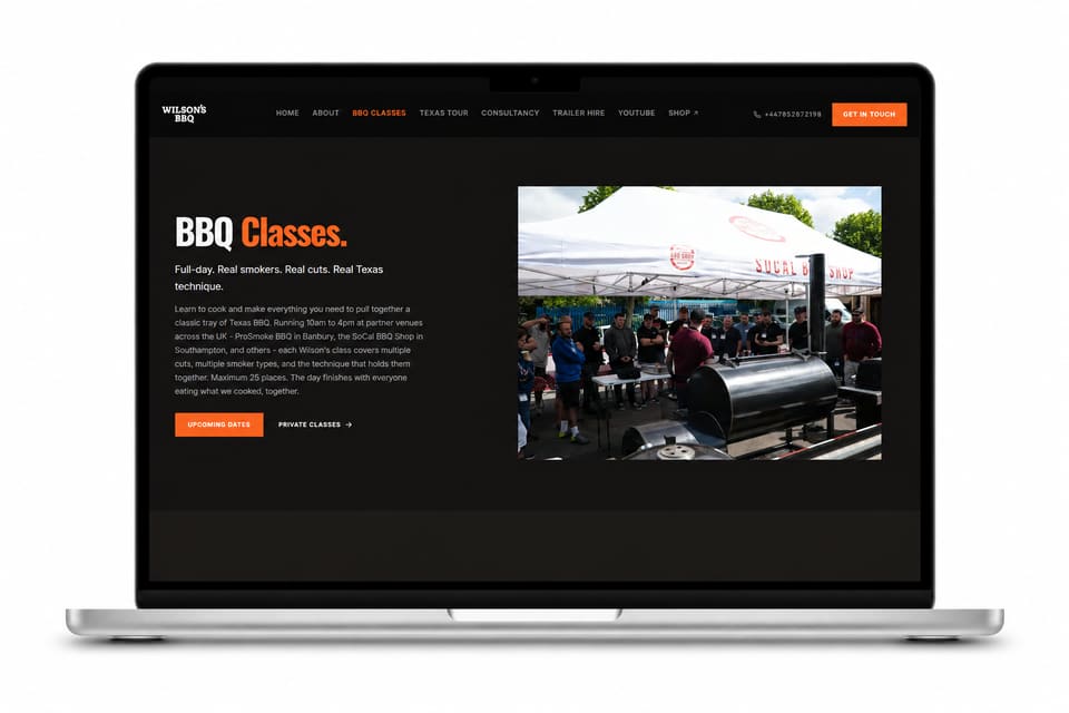 Wilsons BBQ at wilsonsbbq.co.uk: dark, high-contrast brand site with class-focused storytelling and venue photography (desktop)