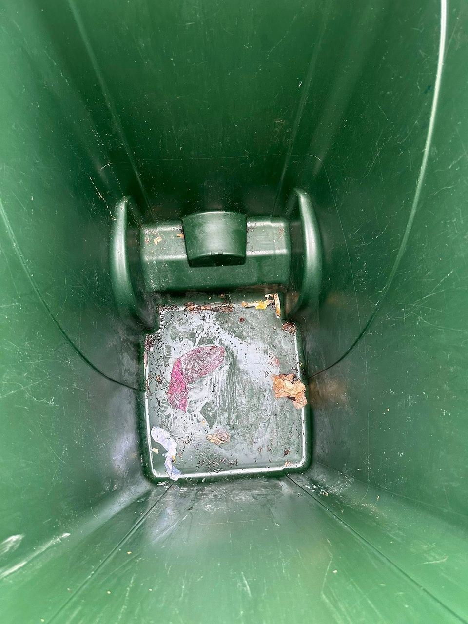 Dirty interior of a green wheelie bin before cleaning — food residue and stains