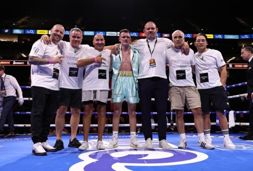 Frankie Wood and his corner team celebrating the TKO win over Callum Lee