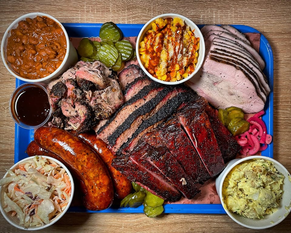 Top-down view of a Wilson's BBQ feast platter