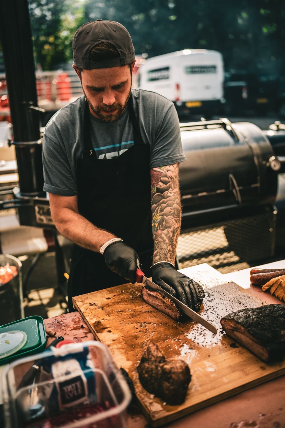 David McCormack slicing a finished brisket at a Wilson's BBQ class
